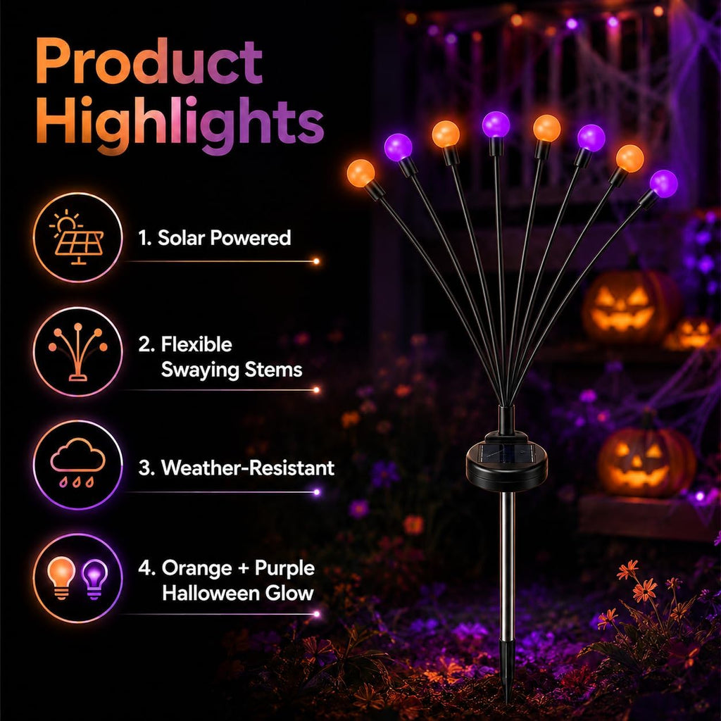 Solar Firefly Lights Outdoor, 4 Pack Orange Purple Halloween Yard Decor
