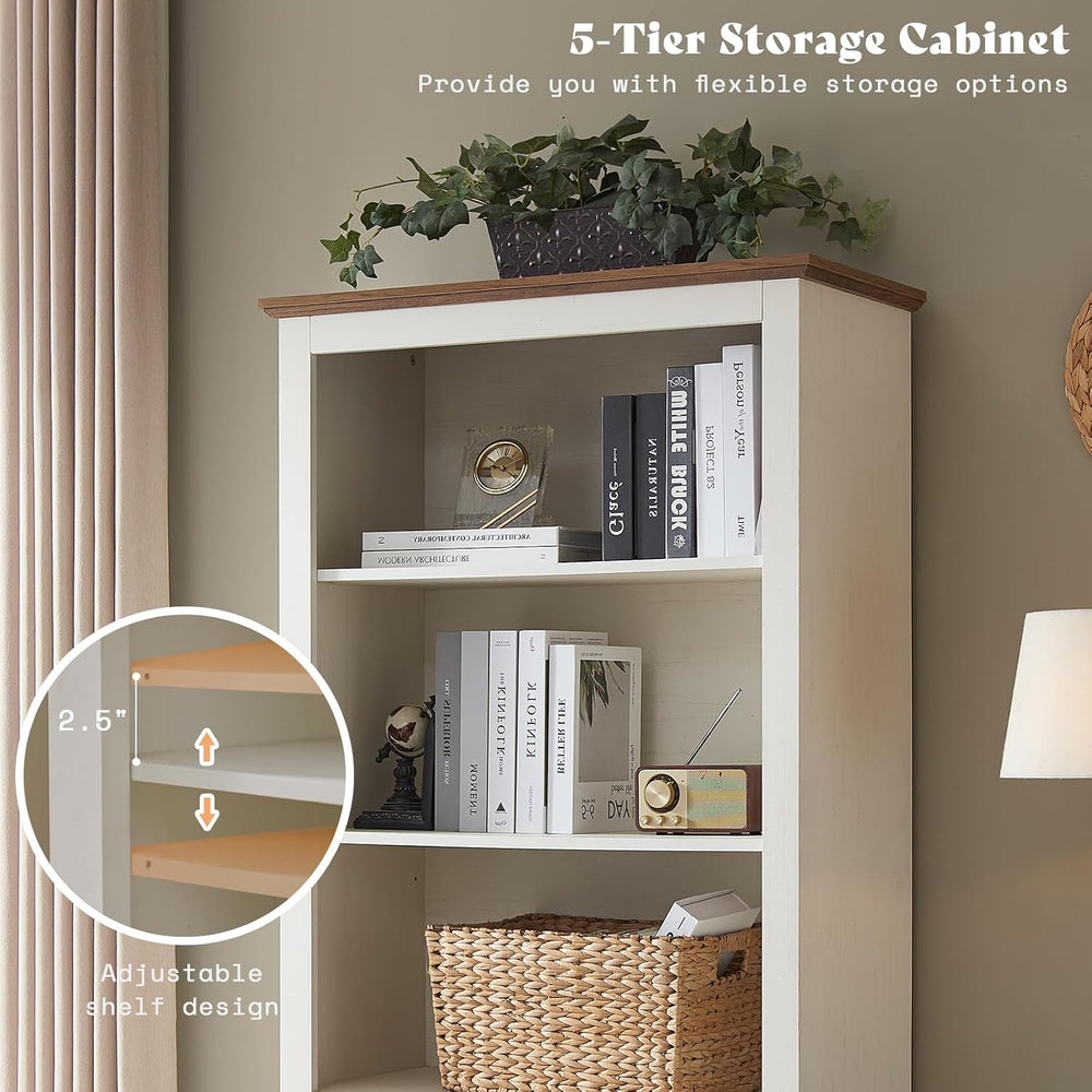 AMERLIFE 5-Tier Farmhouse Bookcase with Barn Door Storage, Rustic White