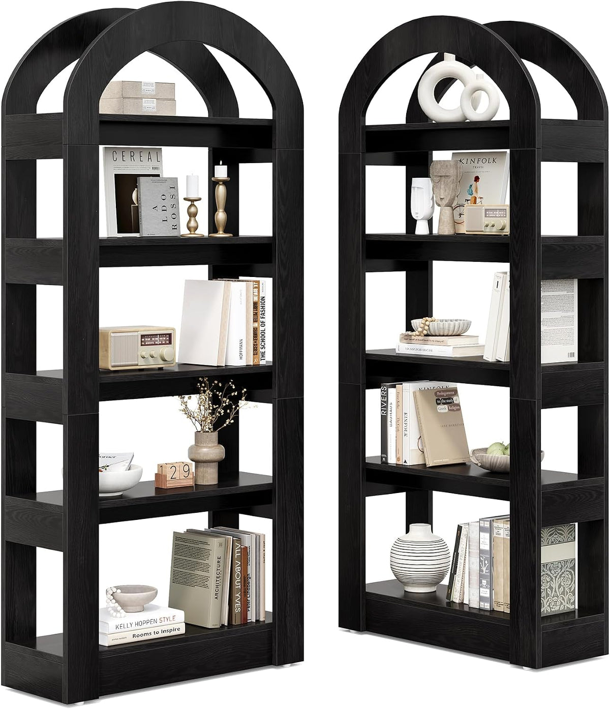 LITTLE TREE 5-Tier Bookshelf, Arch-Shaped Racks, Tall Standing Wooden Bookcase Display Shelf Modern Storage Solution (2, Black)