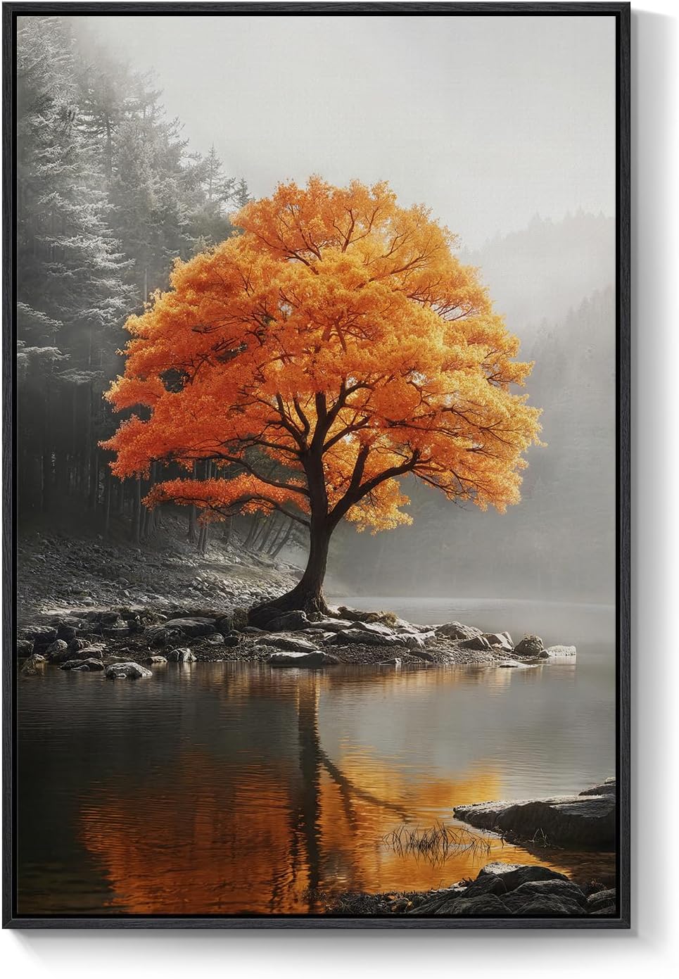 Framed Orange and Grey Fall Tree Forest Lake Landscape Wall Art, 24x36 In