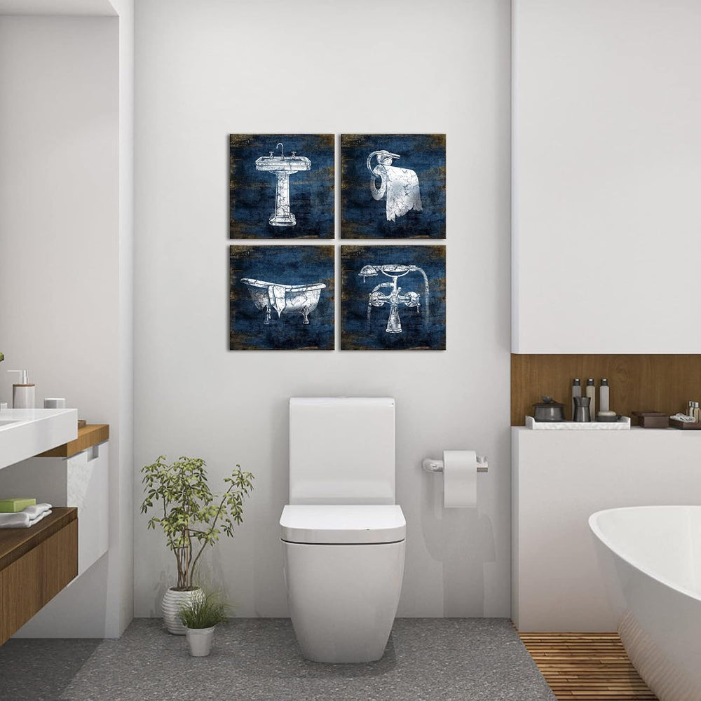 KLVOS Blue Bathroom Decor Wall Art Framed Canvas Print Pictures 4 Pieces Abst...