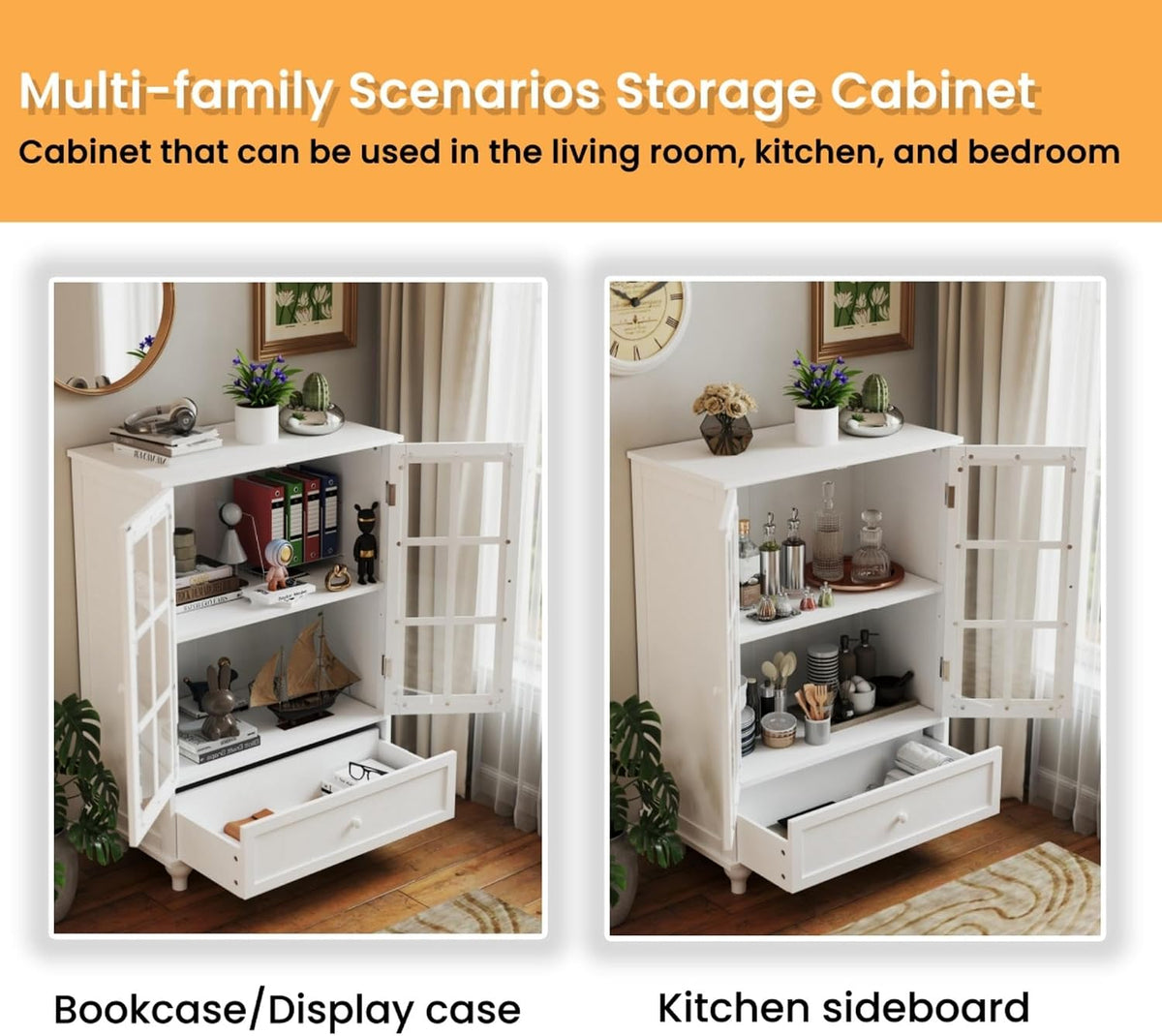 KEIKI Sideboard Buffet Cabinet with Glass Doors and Drawer, Wooden Storage Cabinet with Adjustable Shelf Modern Display Cabinet Cupboard for Living Room, Dining Room, Kitchen, Hallway, White