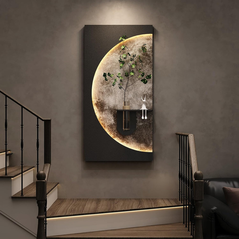 Large 3D LED Moon Wall Art Decor for Living Room, Modern Black 30x60 Inch