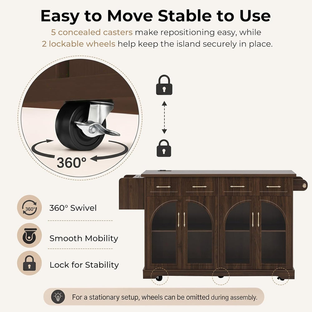 Rovibek 65 inch Rolling Kitchen Island with Storage, Drop Leaf and Power Outl...
