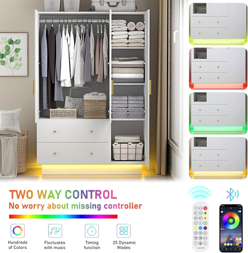 jiteentarou 3 Door Wardrobe Closet with Mirror & LED Lights, Bedroom Armo...