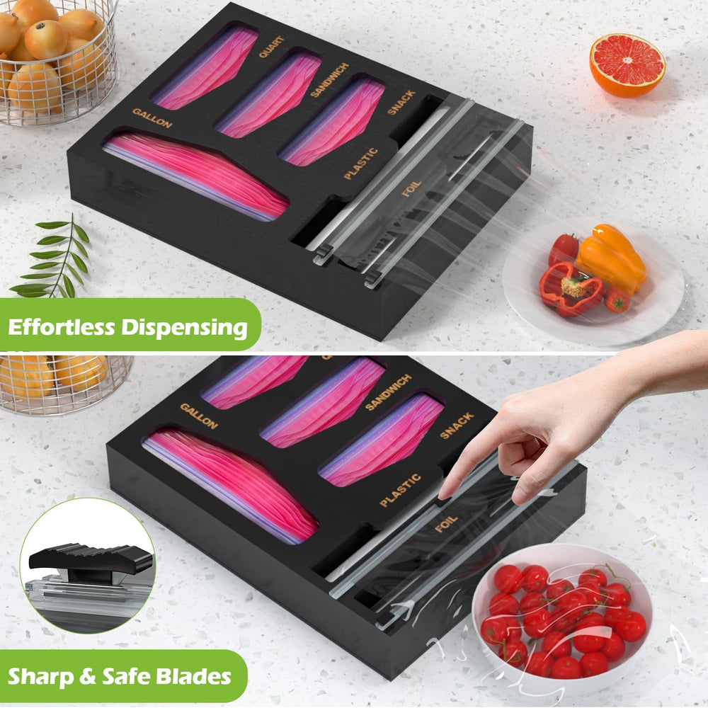 6 in 1 Bamboo Bag Organizer and Wrap Dispenser with Cutters, Black