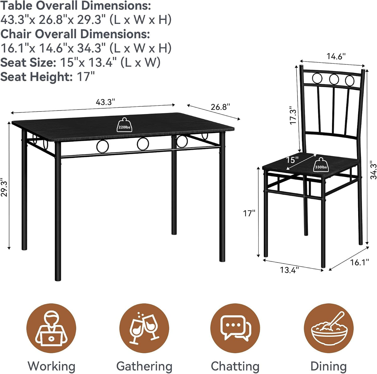 Dining Table Set for 4, 5-Piece Kitchen Table and Chairs, Rectangular Dining Room Table Set with 4 Chairs, Space-Saving Kitchen Table Set for Small Space,Dinette,Apartment,Pure Black