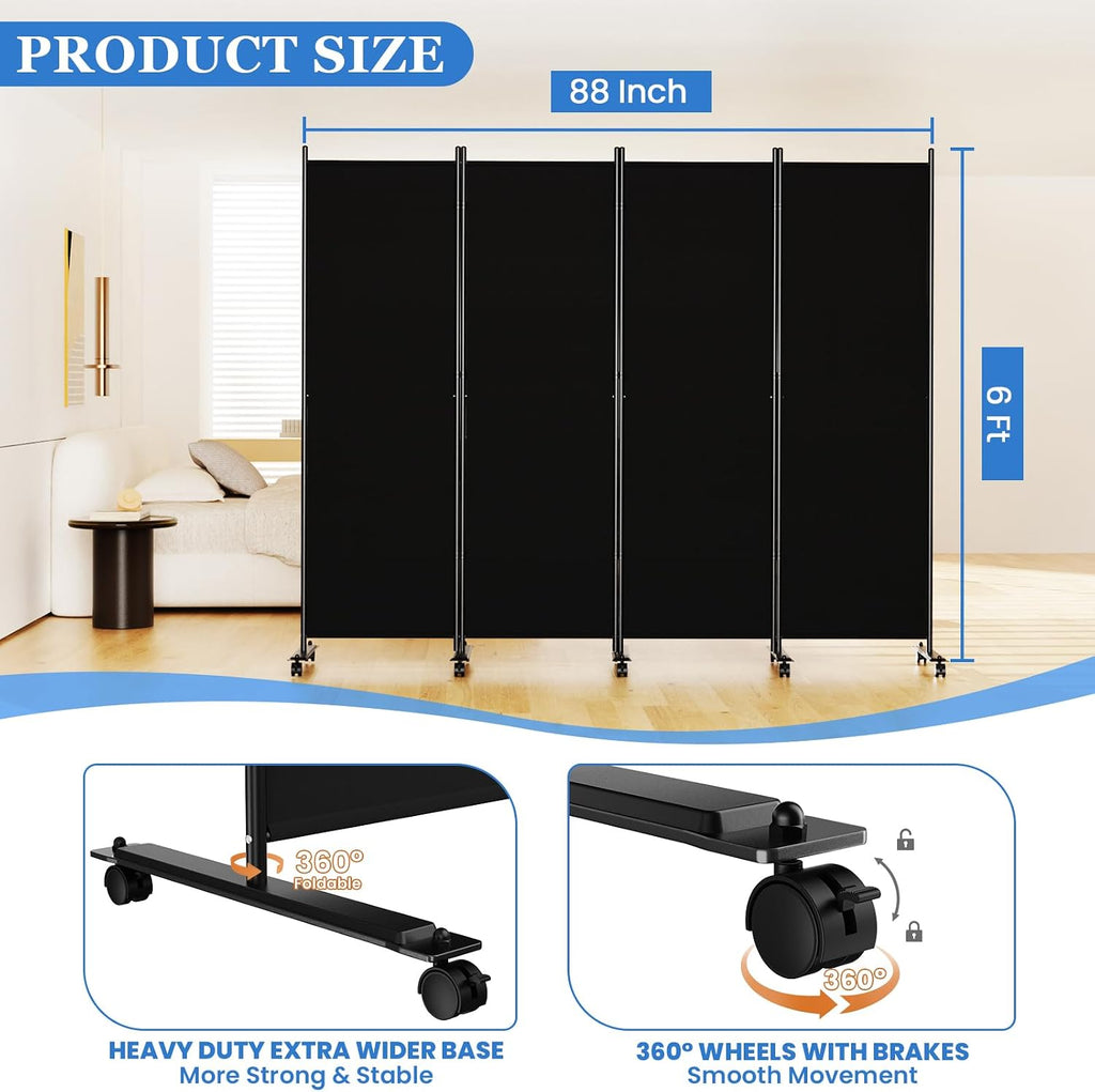 SUNALLY Room Divider Privacy Screens, 4 Panels Dividers with Wheels, Black