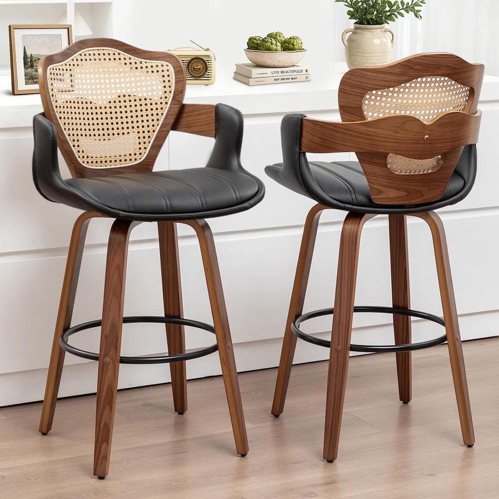 WUPOTO Mid-Century Modern Swivel Bar Stools with Supportive Rattan Back &...