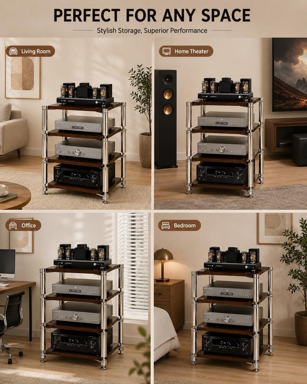 3-Tier HiFi Audio Rack, Audio Component Stand Black Walnut