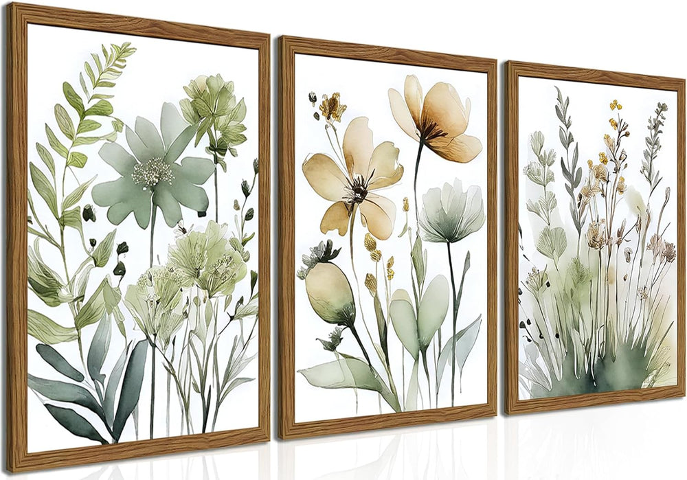 Wood Framed Sage Green Botanical Wall Art Set of 3, Boho Floral Canvas Wall D...