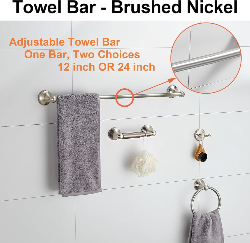 BGL 4-Piece Brushed Nickel Bathroom Hardware Set with Adjustable Towel Bar