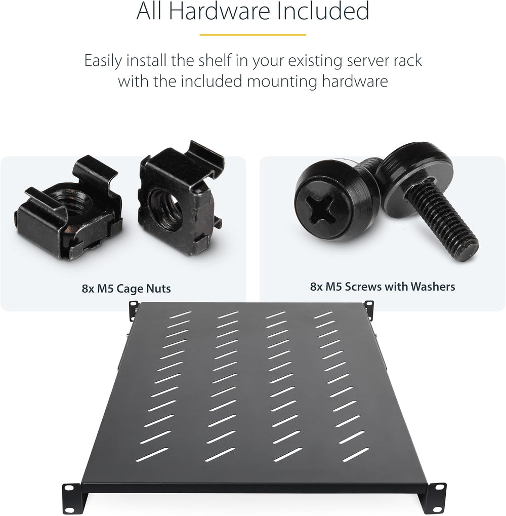 StarTech 1U 4-Post Vented Rack Shelf, 28-34.4in, 150lb (ADJSHELFV-Rack)