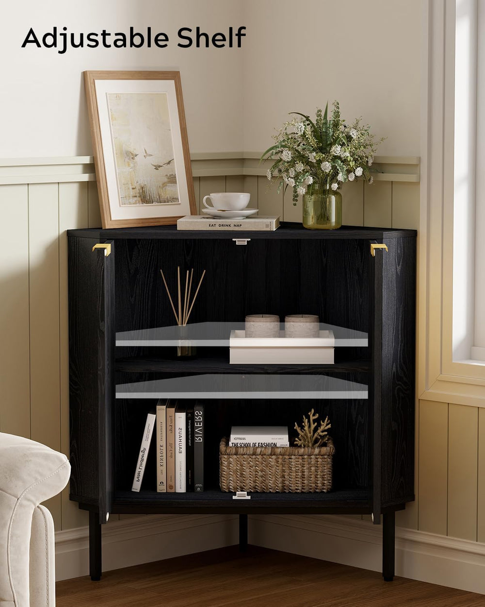 Modern Fluted Corner Cabinet, Small Floor Storage Cabinet with Adjustable She...