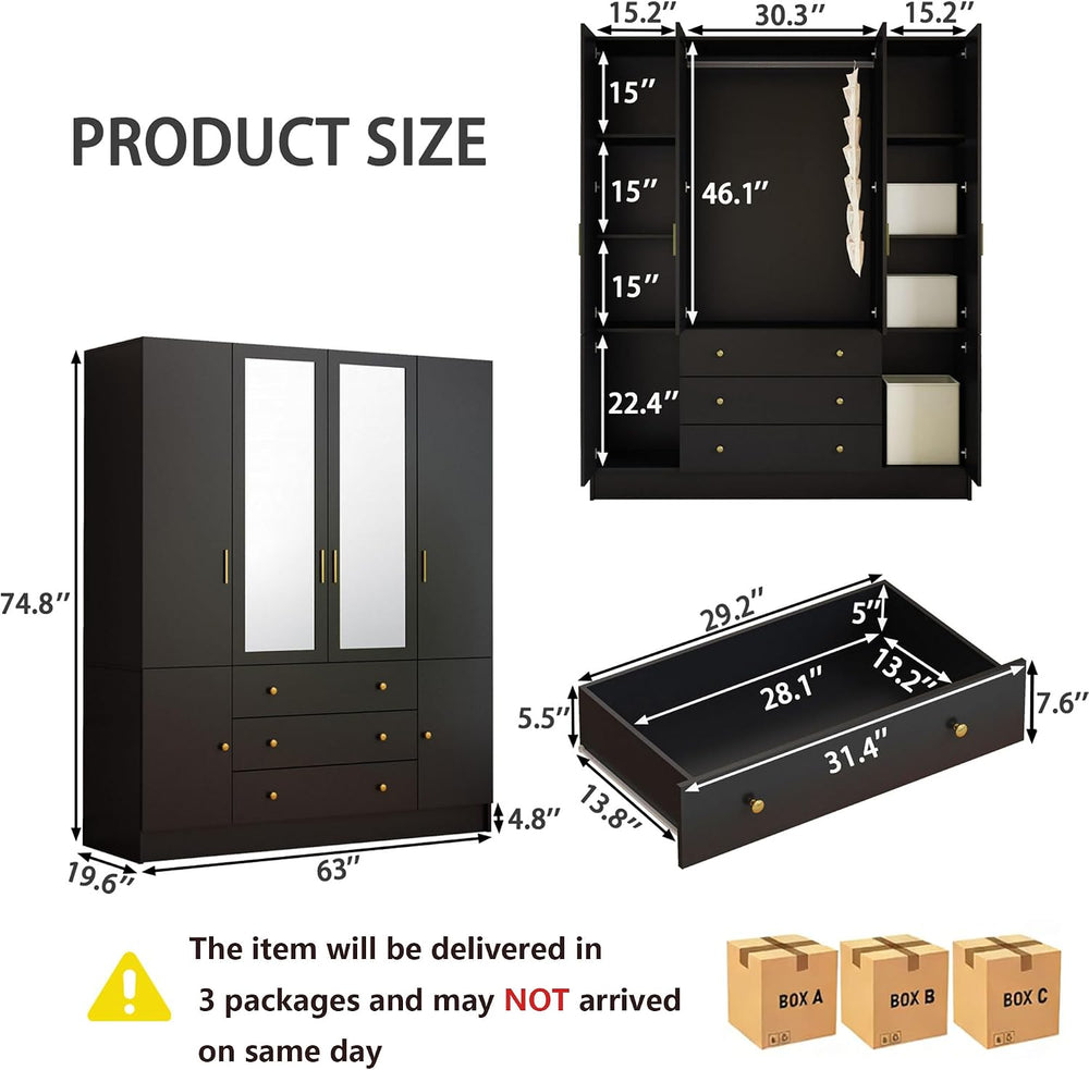 4 Doors LED Armoire Wardrobe Closet with Mirror, 75" Tall Modern Wooden ...