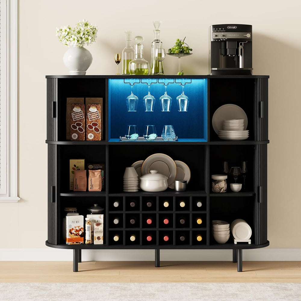 ONBRILL 55" Fluted Wine Bar Cabinet with Power Outlet Black