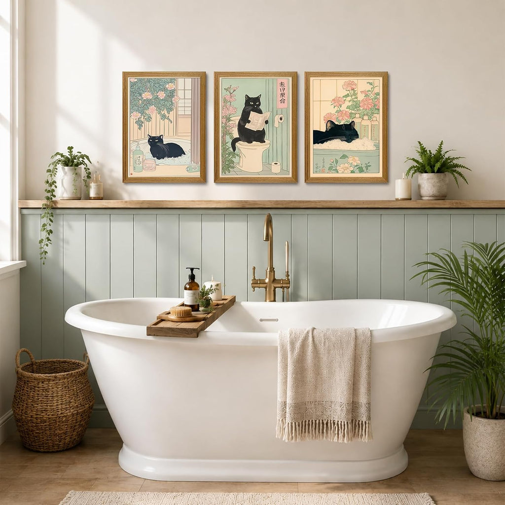 KISSFOX Framed Japanese Bathroom Wall Art Funny Cat Spa Pictures Wall Decor