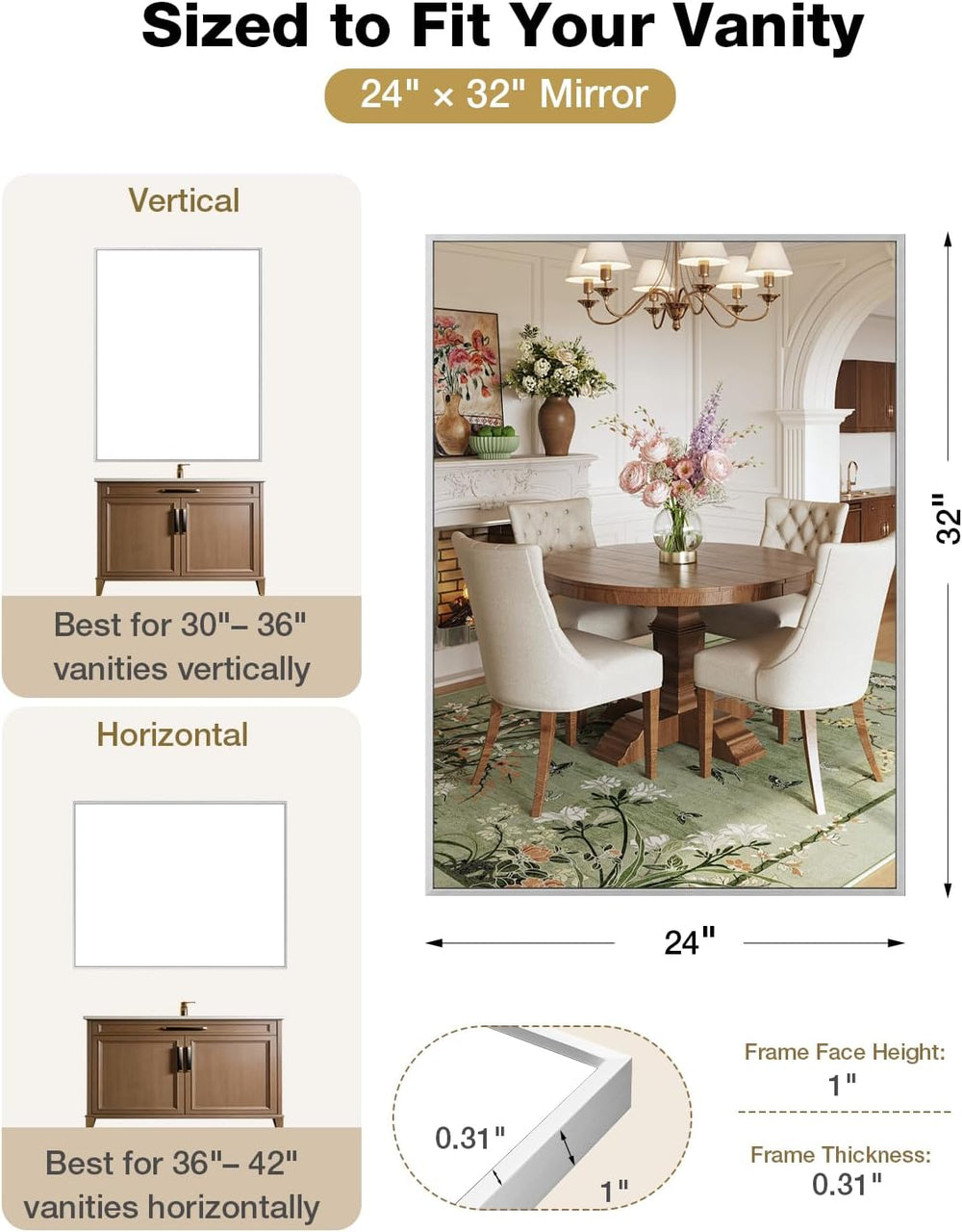 24"x32" Nickel Rectangle Bathroom Mirror for Over Sink, Wall Mounted