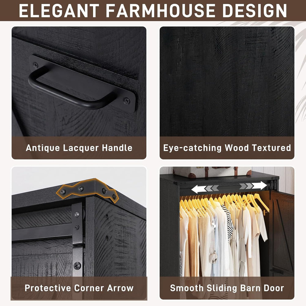 2 Doors Armoire Wardrobe Closet w/ Folding Sliding Barn Door,Rustic Black
