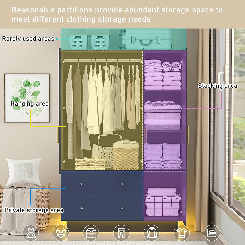 jiteentarou 3 Door Wardrobe Closet with Mirror and LED Lights, Bedroom Armoir...