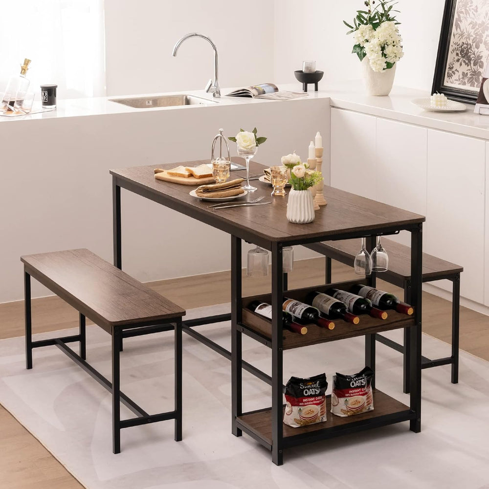 COSTWAY 3-Piece Dining Table Set for 4, Rustic Pub Table with 2 Benches