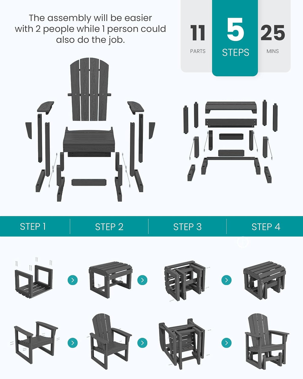 SERWALL HDPE Outdoor Glider with Ottoman, All-Weather Patio Glider Rocker