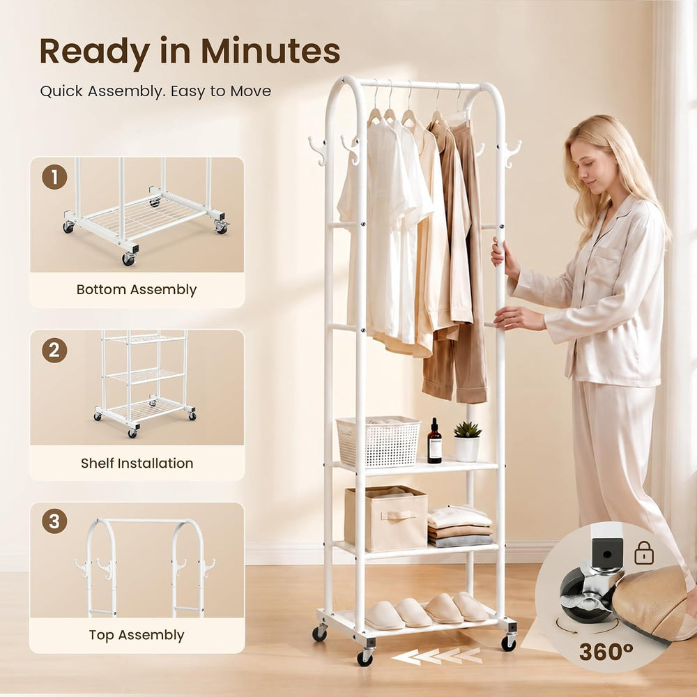 Cesun Small Clothes Rack with 3-Tier Mesh Shelves & 8 Hooks, White