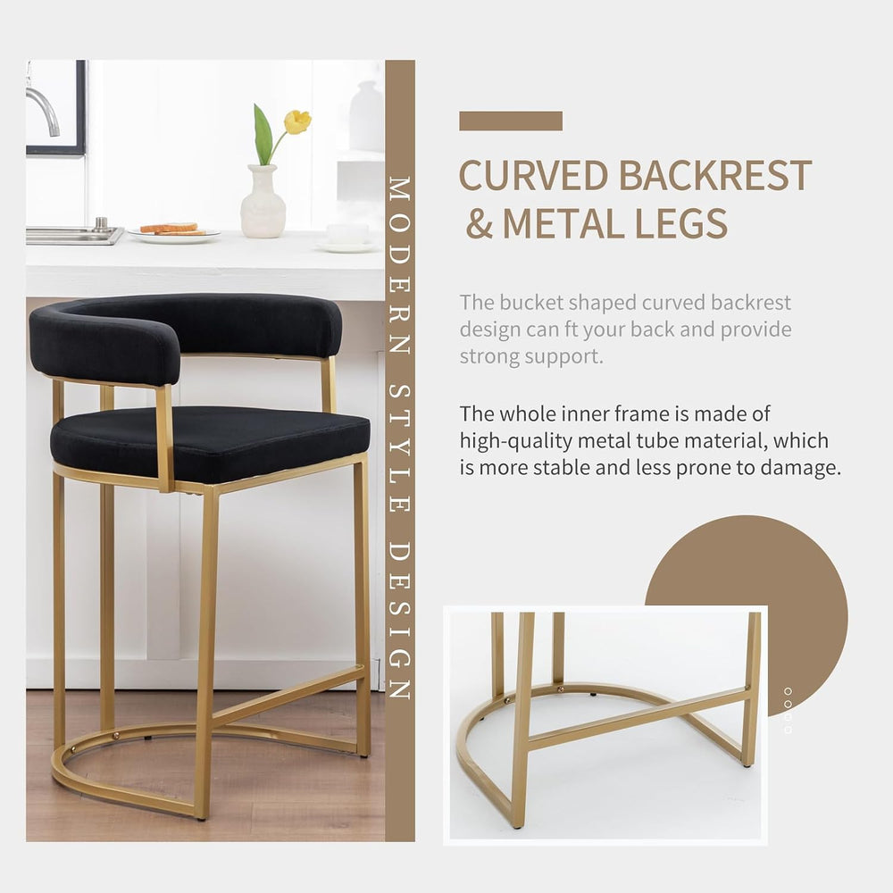 Gold Counter Height Bar Stools Set of 2, Modern Velvet Barstools with Barrel ...