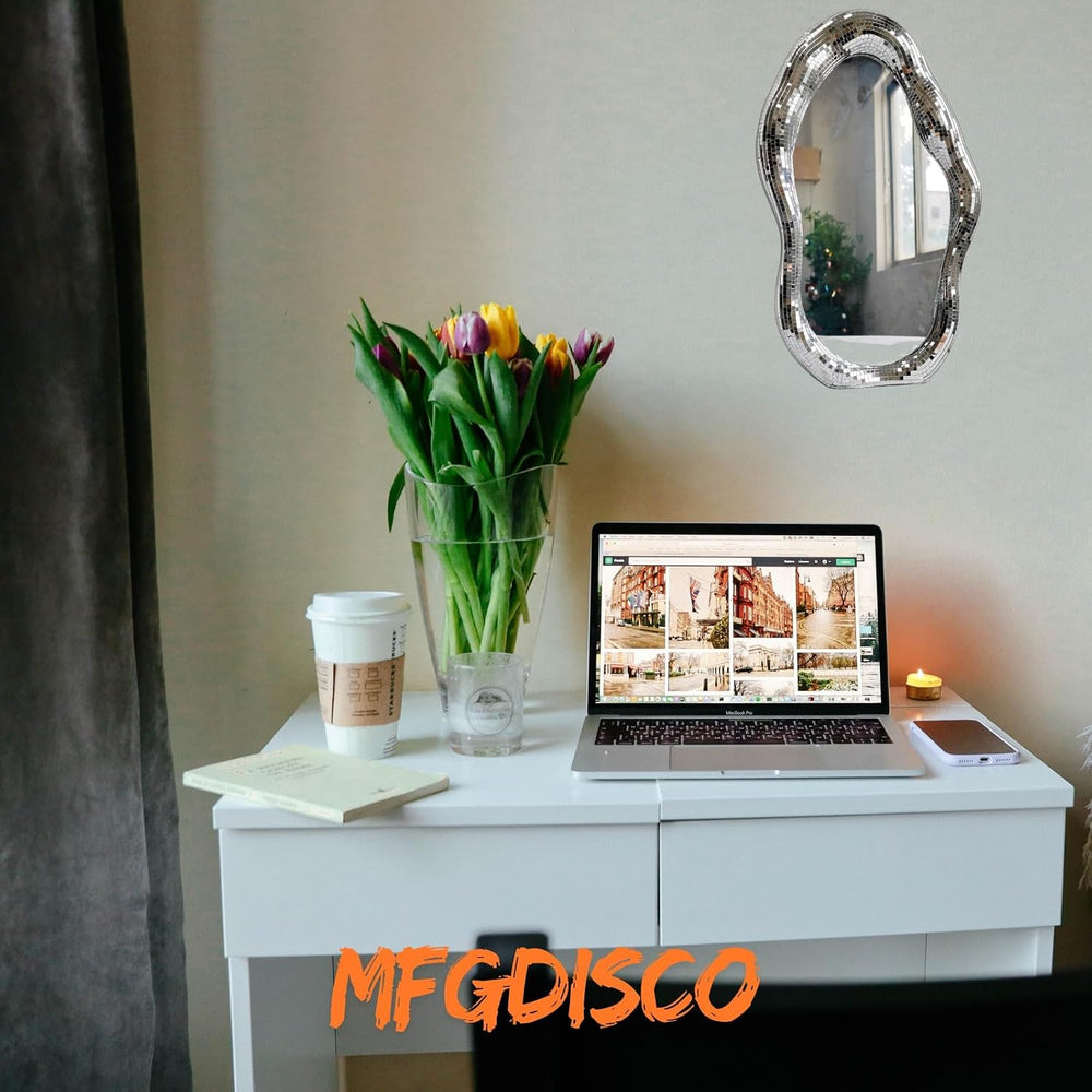 Wavy Disco Mirror, 16in Silver Tabletop Wall Decor with Stand