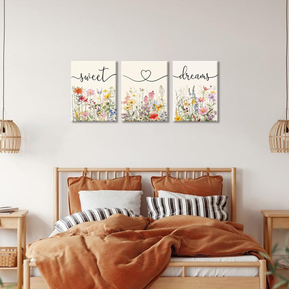 Framed Sweet Dreams Wall Art Set of 3, Colorful Wildflower Prints