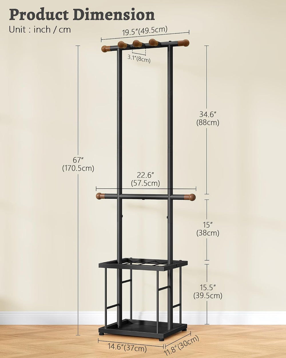 FAVOOSTY Coat Rack Freestanding with Umbrella Holder for Entryway, Black