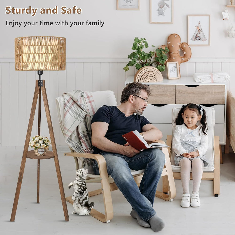 LAMSU Boho Tripod Floor Lamps for Living Room, Rattan Wood Floor Lamp with Fa...