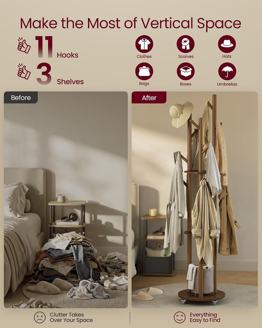 VASAGLE Freestanding Coat Rack Stand, with Wheels, 11 Hooks, 3 Shelves