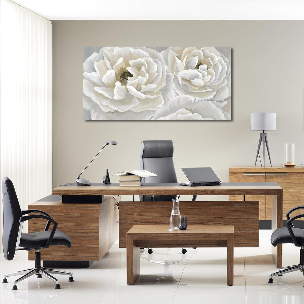 Cream White Flower Wall Art Elegant Botanical Painting Prints, 24"x48"
