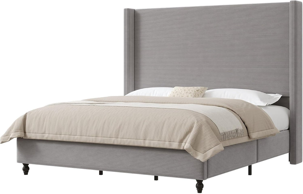AMERLIFE California King Upholstered Bed Frame with Headboard, Light Grey