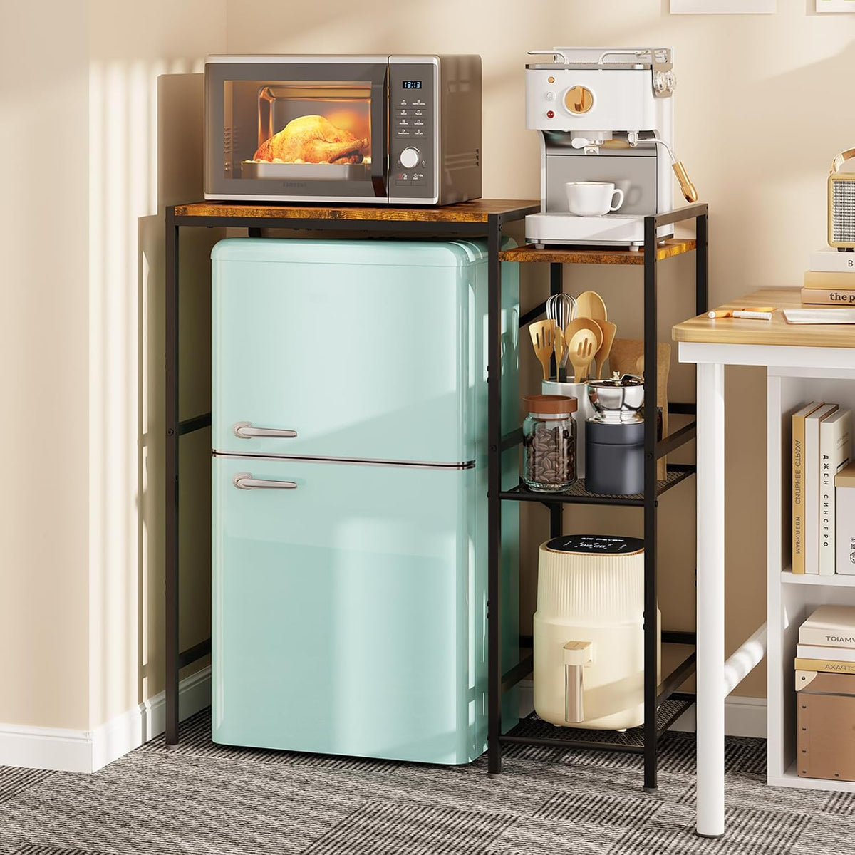 Mini Fridge Stand with Storage Shelves Dorm Microwave Stand Reversible