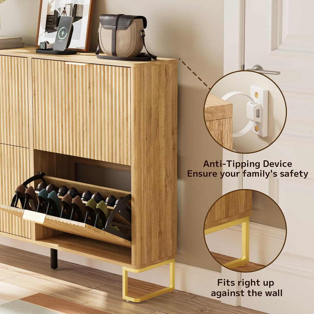 Fluted Shoe Cabinet Storage with 4 Flip Drawers, Adjustable 2-Tier Shelf