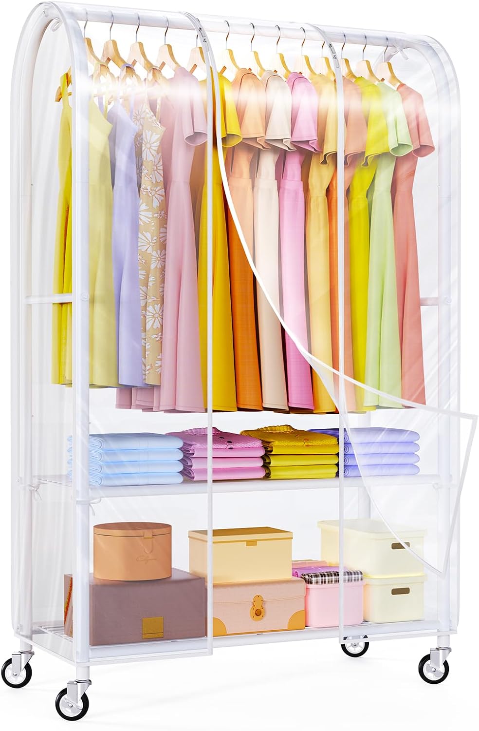 Univivi Rolling Clothes Rack with Clear Dust Cover and Bottom Storage Shelf