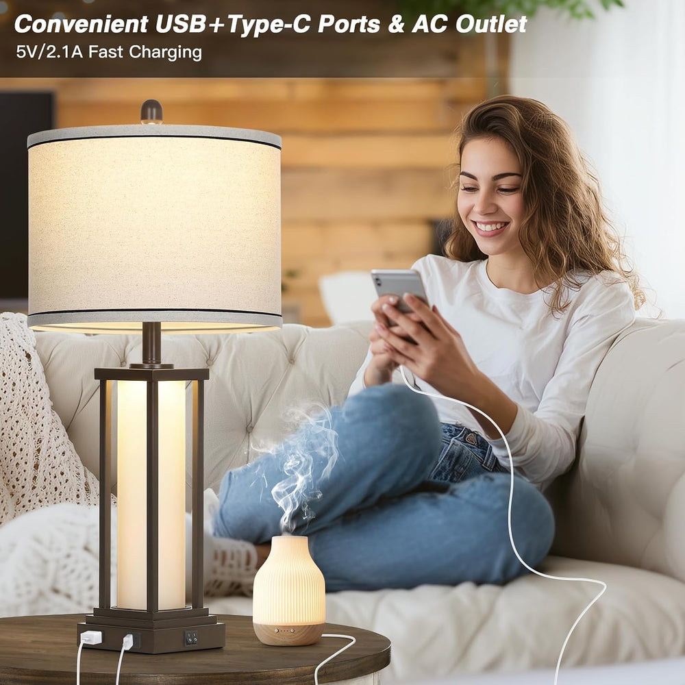 27in Tall Farmhouse Table Lamp Set of 2 with USB C+A & Outlet,Brown Indus...