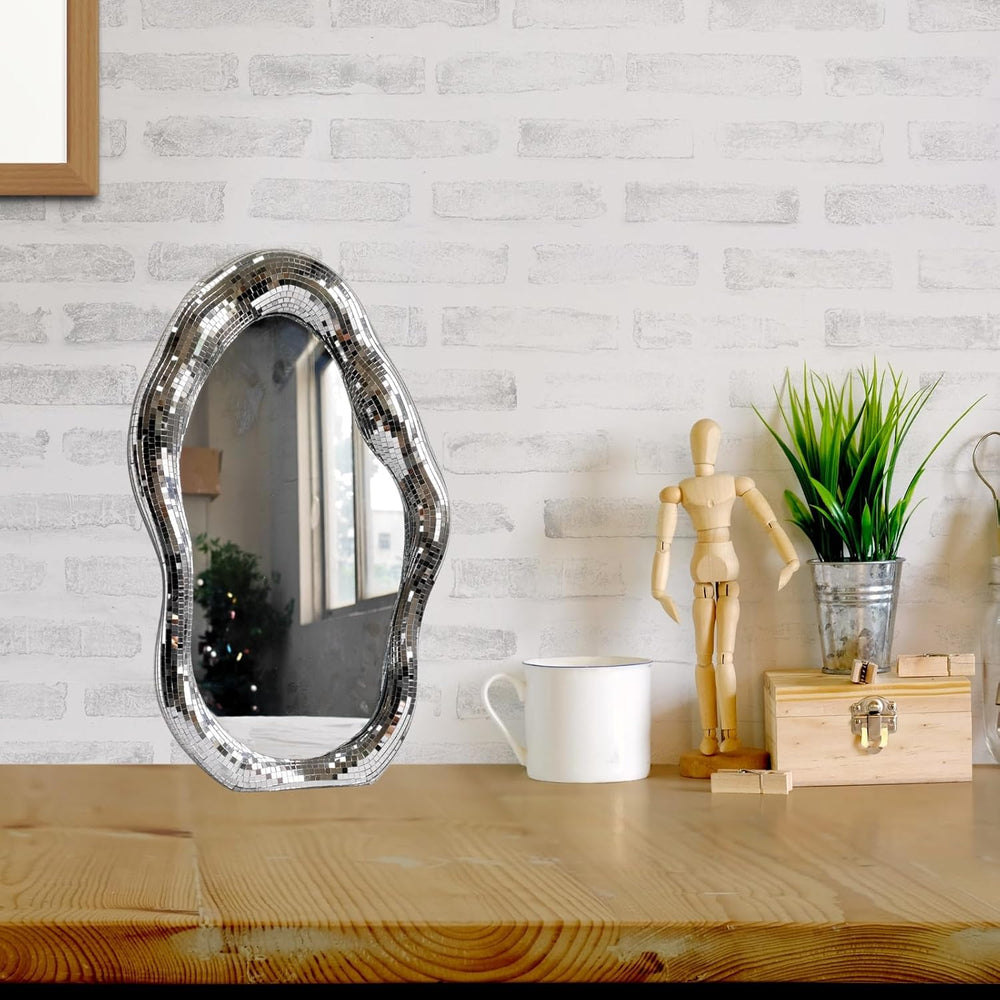 Wavy Disco Mirror, 16in Silver Tabletop Wall Decor with Stand