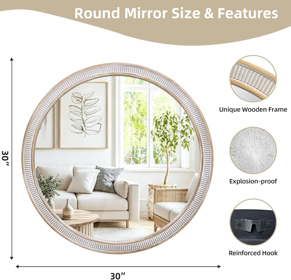 30 Inch Wooden Round Mirror for Wall Decor, Rustic Distressed Mirrors