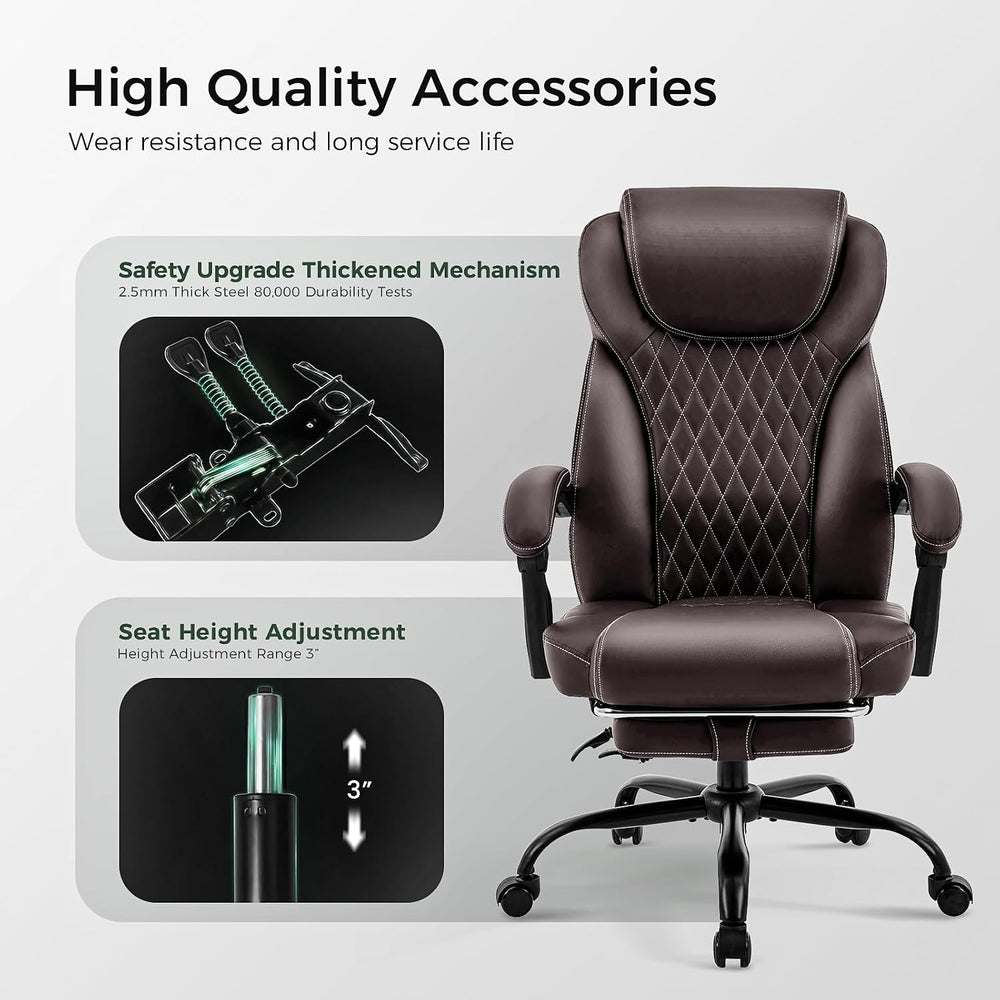 amseatec Big and Tall Office Chair with Footrest, Lumbar Support, Brown