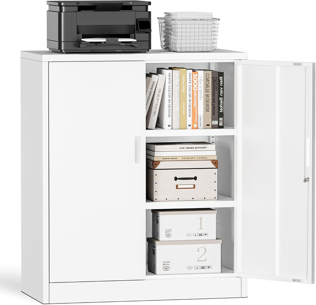 Metal Storage Cabinets，36" H White Metal Cabinet with Doors and 2 Adjustable Shelves, Lockable Storage Cabinets for Office, Home, Garage, Warehouse