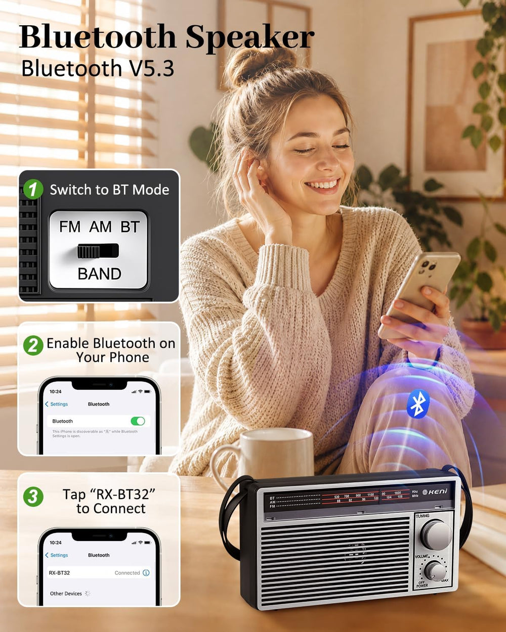 G Keni Portable AM/FM Emergency Radio with Bluetooth, Battery/USB Powered