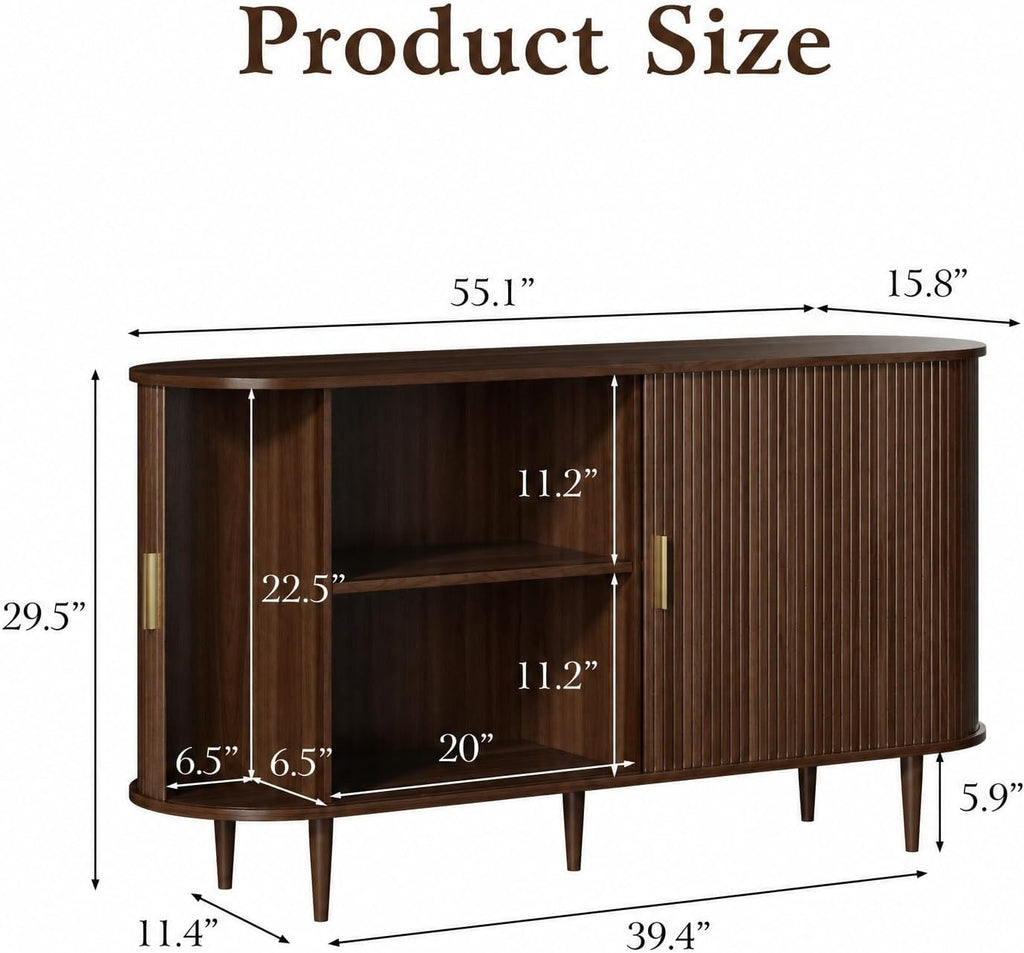 DHH Sideboard Buffet Cabinet with Storage,Mid Century Modern Fluted Accent Coffee Bar Console Table,Tambour Sliding Doors& Adjustable Shelf for Kitchen, Living Room, Entryway(Walnut,55 Inch)