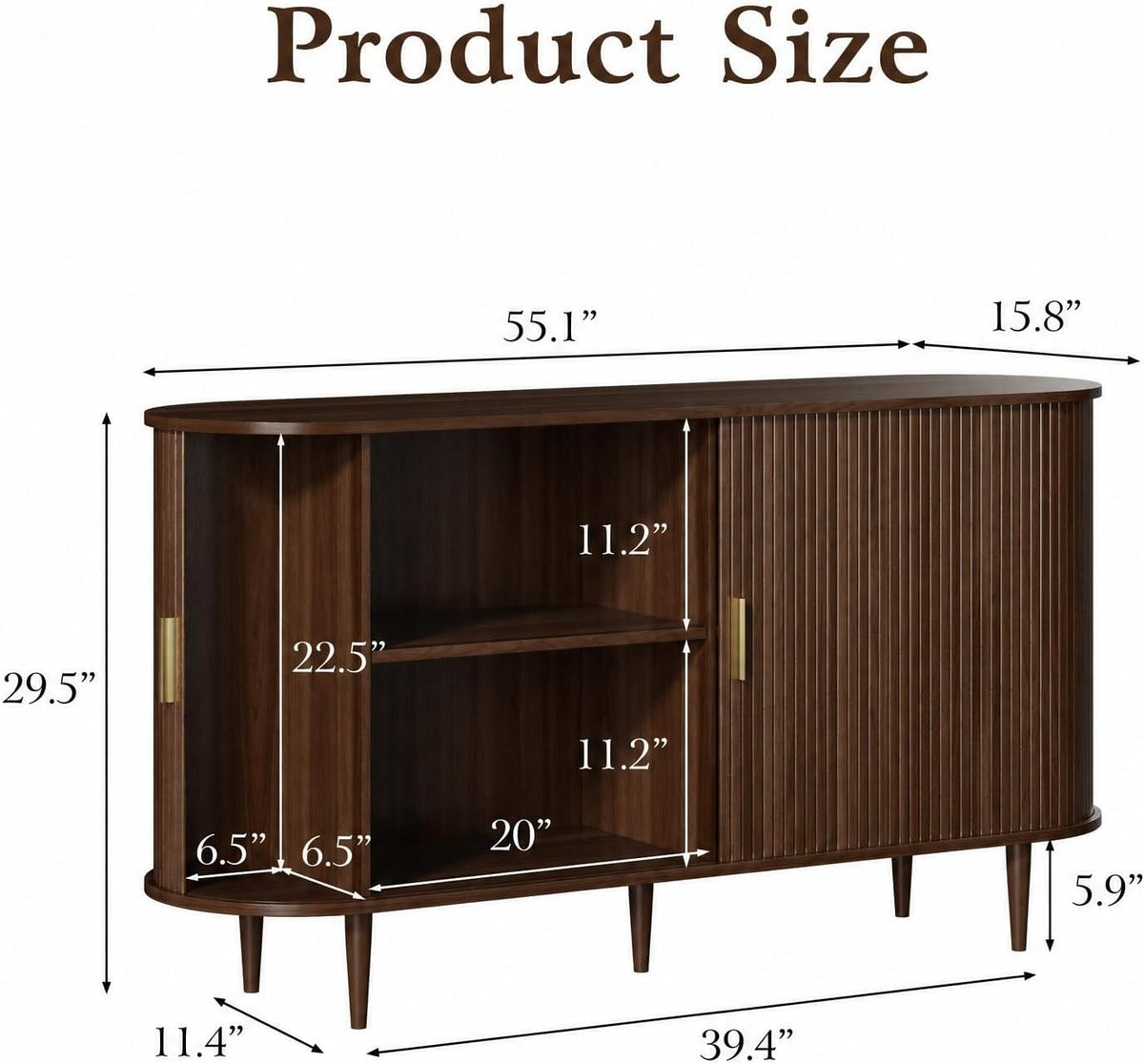 DHH Sideboard Buffet Cabinet with Storage,Mid Century Modern Fluted Accent Coffee Bar Console Table,Tambour Sliding Doors& Adjustable Shelf for Kitchen, Living Room, Entryway(Walnut,55 Inch)
