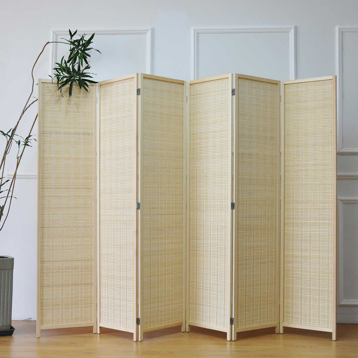 Furnnylane 6 Panel Bamboo Room Divider – 5.6 ft Tall Folding Privacy Screen, Natural Beige Freestanding Room Partition Wall (67" H x 92.1" W, 6-Panel)