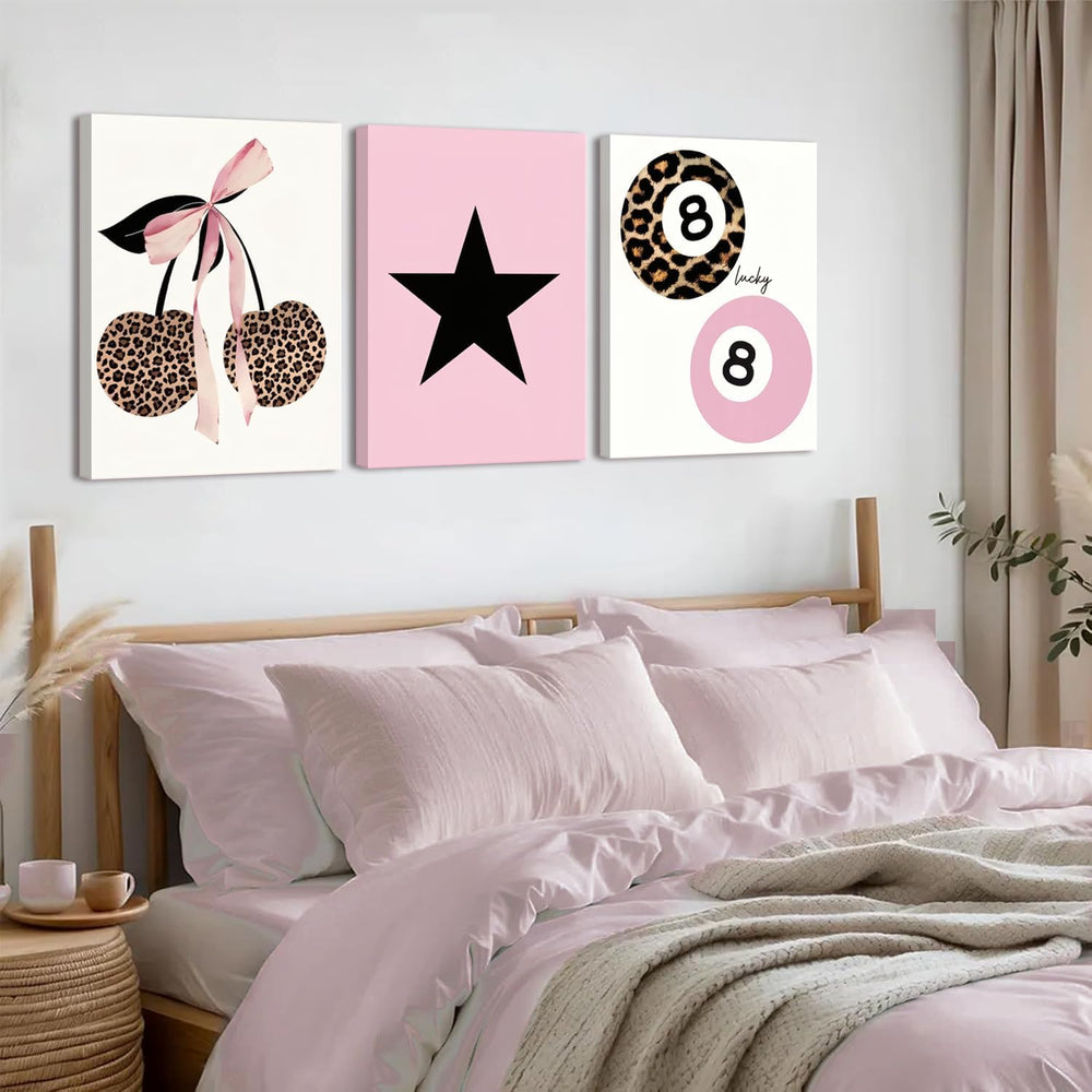 Trendy Pink Leopard Bow Canvas Wall Art Set of 3 Funky Cherry Lucky 8 Ball Po...