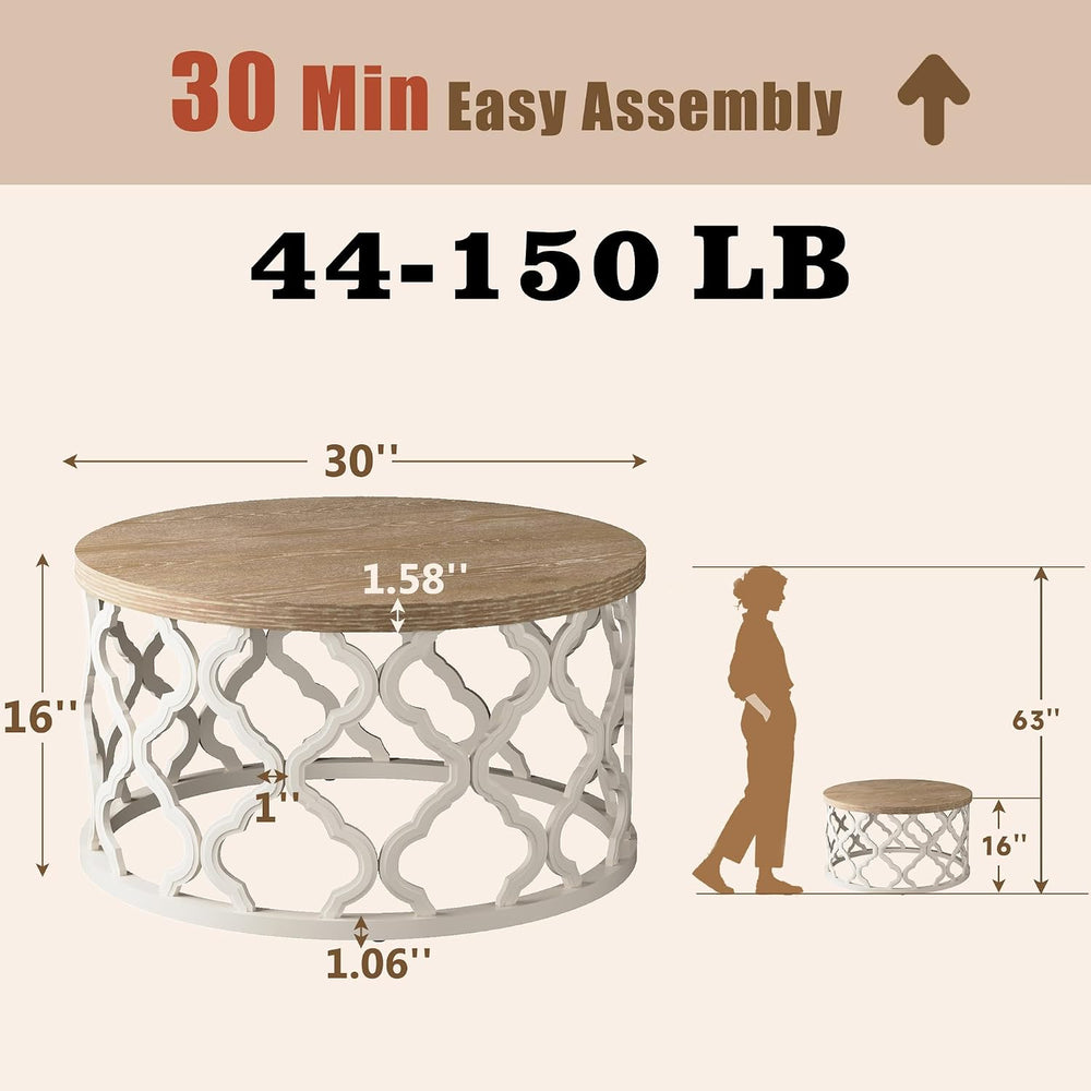karlott Farmhouse Coffee Table, French Country Round Coffee Table, Beige