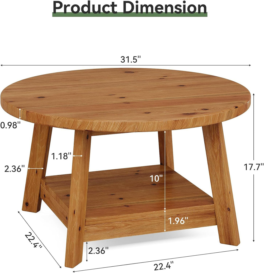 Solid Wood Round Coffee Table for Living Room, 31.5” Farmhouse Wooden 2-Tier ...